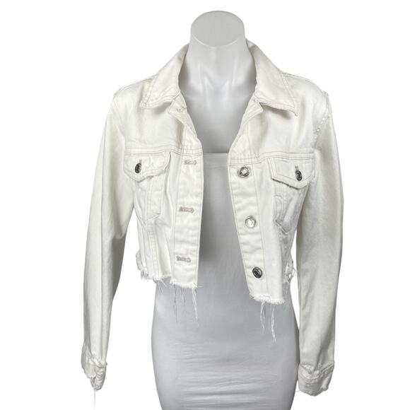 Zara White Long Sleeve Cutoff Frayed Button Up Cropped Denim Jean Jacket Size M - Picture 1 of 3